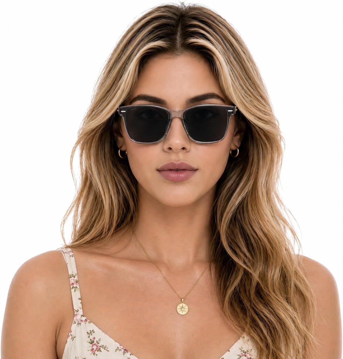 MUJOSH Classic Square Sunglasses for Men Women, Polarized UV400 Shades with Integrated Nose Pads & Crystal Tip, Trendy Rivet Decor Eyewear for Travel, Olive Taupe, Brand of EssilorLuxottica