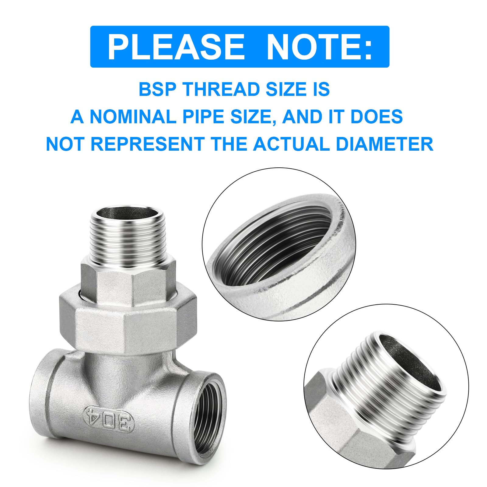 TAILONZ PNEUMATIC 304 Acero inoxidable Fundición T 3 vías Unión Tubo Accesorio 3/8" Hembra x 3/8" Macho BSP Adaptador de rosca (paquete de 2)