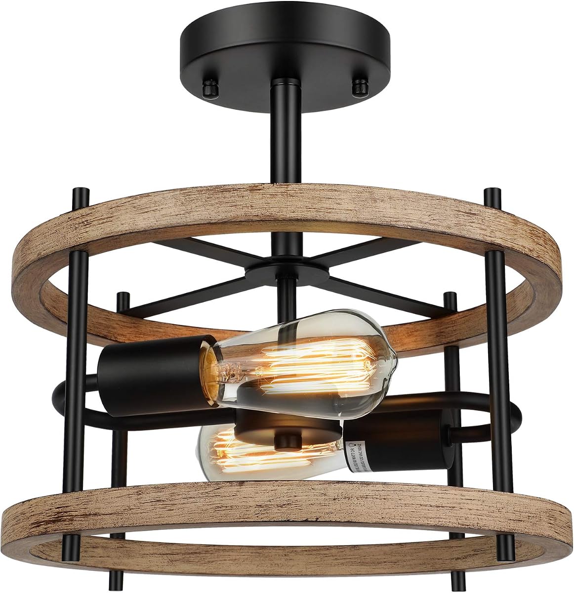 2-Light Semi Flush Mount Ceiling Light Fixture, Vintage Wood Ceiling Light