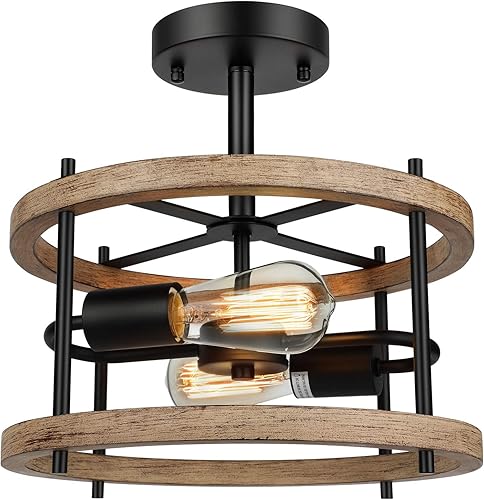 Miniatura 8 de Lakumu Lámpara de techo retro semiempotrada de 2 luces, lámpara de techo de madera rústica vintage de metal negro, lámpara de techo industrial de