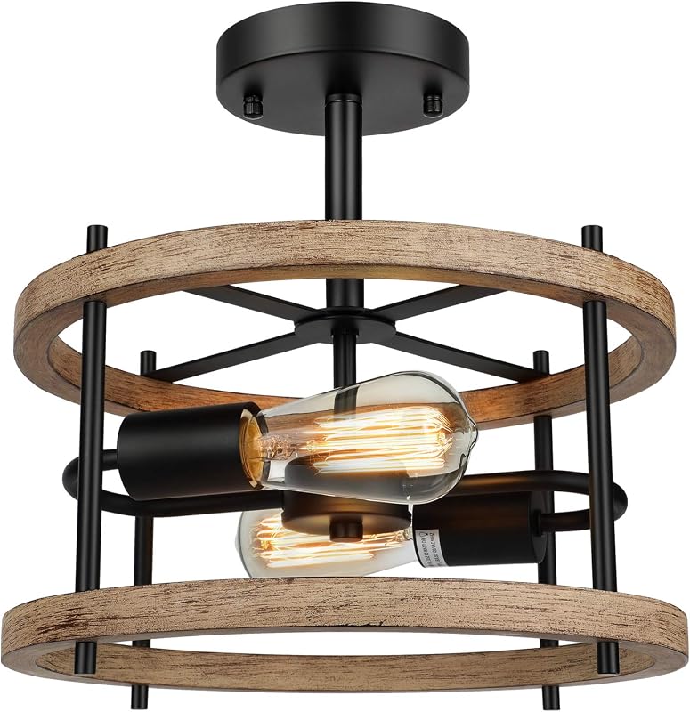 2-Light Semi Flush Mount Ceiling Light Fixture, Vintage Wood Ceiling Light