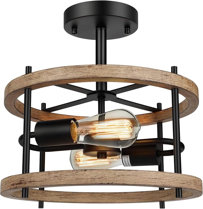 Lakumu Lakumu 2-Light Retro Semi Flush Mount Ceiling Light Fixture, Rustic Vintage Wood Ceiling Light Black Metal, Industrial Farmhouse Ceiling Lamp for Hallway Entryway Bedroom Balcony Farmhouse Dining Room
