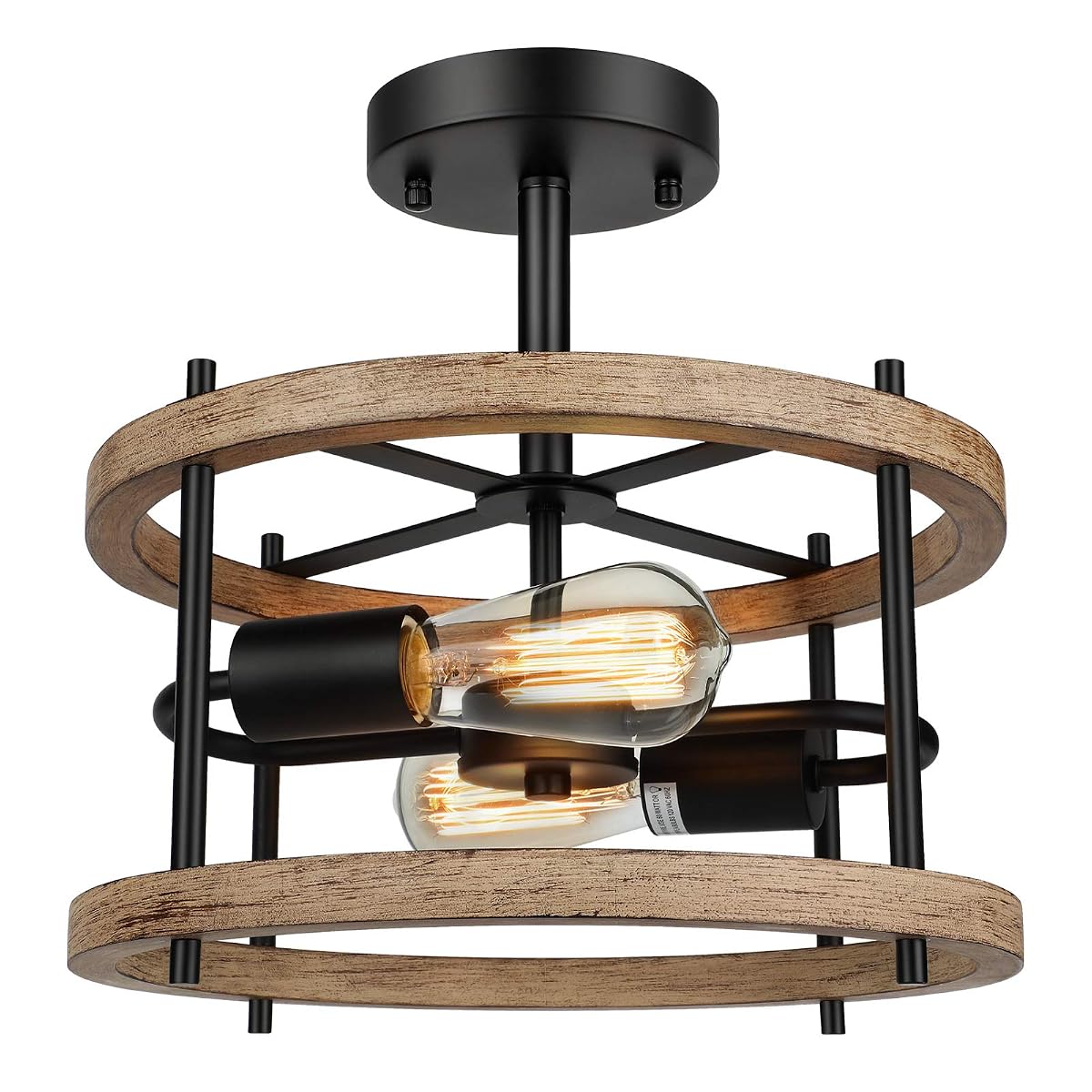 Lakumu 2-Light Semi Flush Mount Ceiling Light, Rustic Wood & Black Metal,