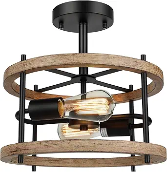 Lakumu 2-Light Retro Semi Flush Mount Ceiling Light Fixture, Rustic Vintage Wood Ceiling Light Black Metal, Industrial Farmhouse Ceiling Lamp for Hallway Entryway Bedroom Balcony Farmhouse Dining Room
