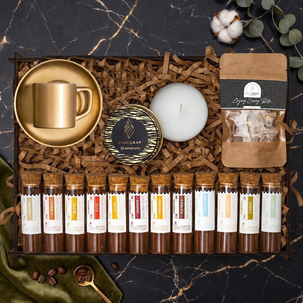 Personalized Turkish Coffee Gift Box Set with 12 Flavored Coffees, Gold Coffee Cup & Saucer, Candle, Wooden Keepsake Box, Gift for Coffee Lovers