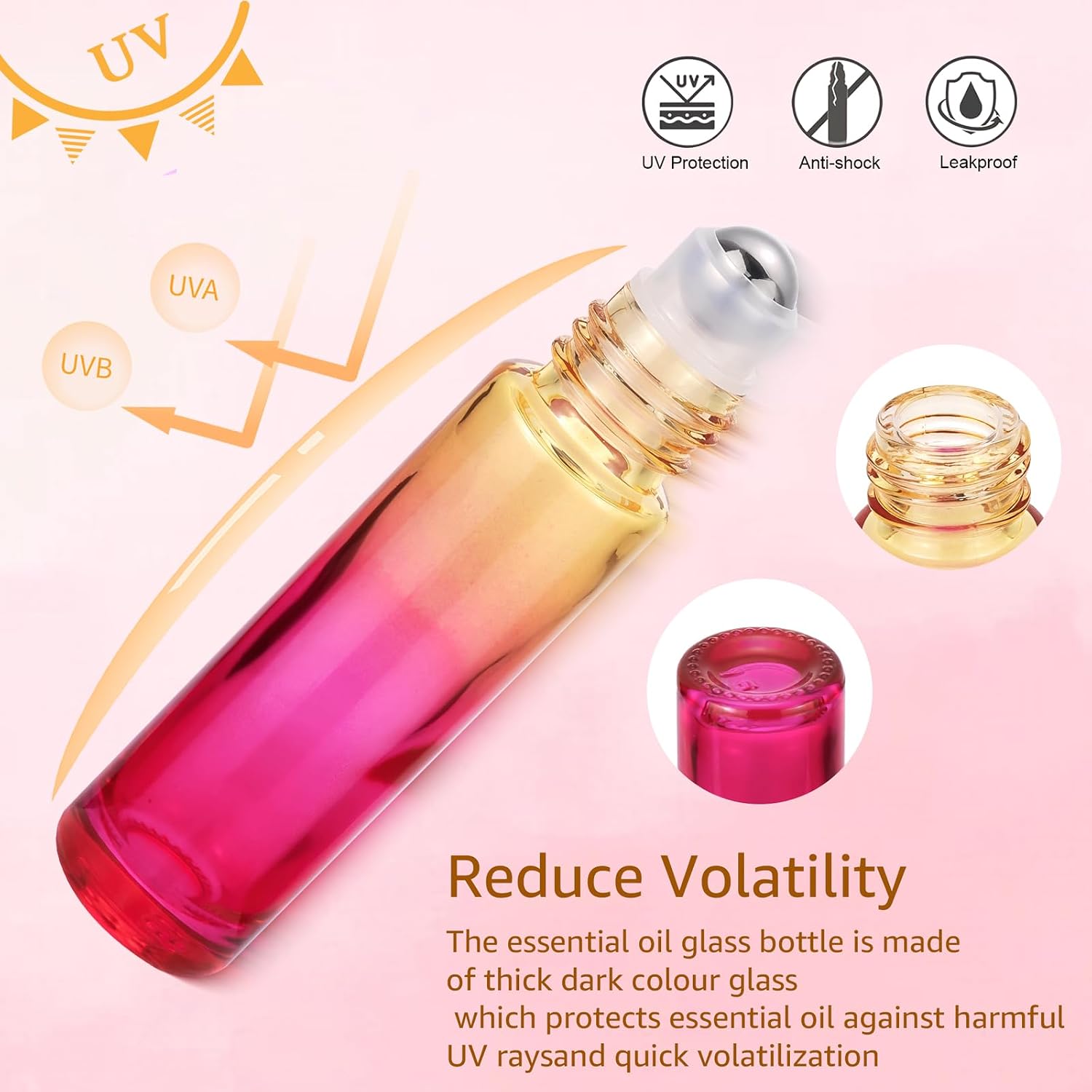 10 Pack 10 mL Essential Oil Glass Roller Bottle,Empty Refillable Yellow-rose Red Gradient Glass Roller Bottle for Perfume,Cuticle