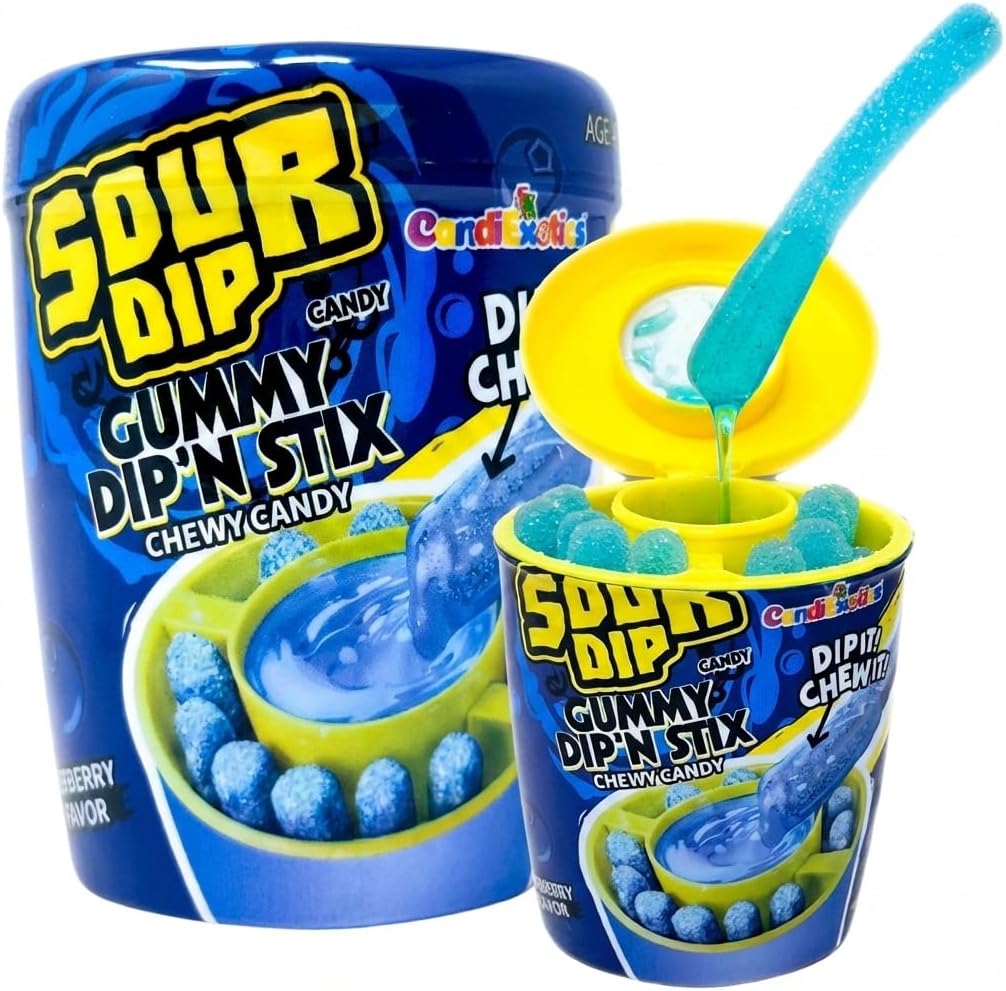 CandiExotics Sour Juicy Dip Gummy Candy Dip'N Stix Sweet & Sour Chewy Candy For Kids Blueberry Flavor, Perfect For Parties & Treats, 96 Grams