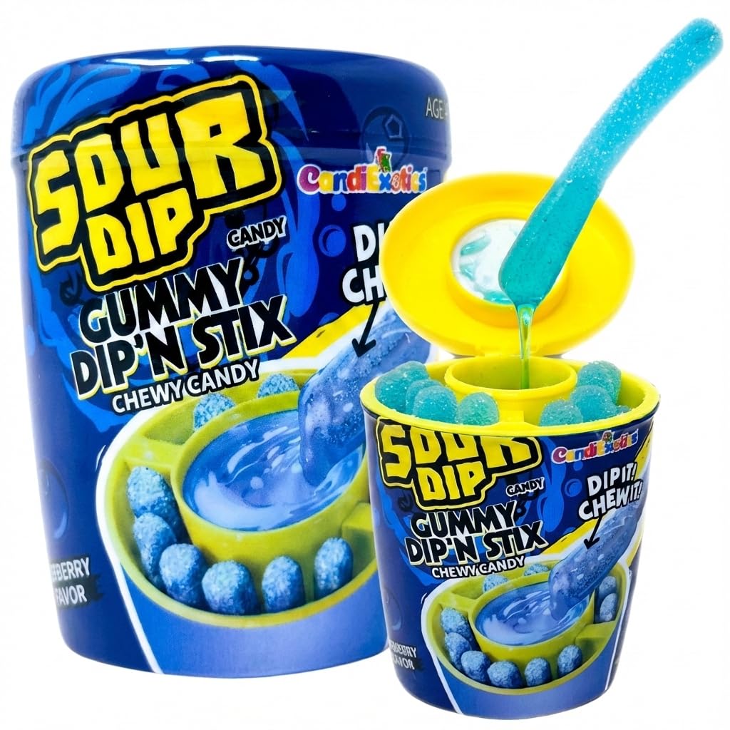 Sour Juicy Dip Gummy Candy Dip'N Stix Sweet & Sour Chewy Candy For Kids Blueberry Flavor, Perfect For Parties & Treats, 96 Grams