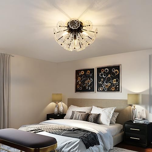 Miniatura 2 de Lámpara de Techo Semiempotrada, Luminarias de Techo de Metal Negro con Diseño de Flor, Lámpara de Techo de 3 Luces Estilo Granja para Dormitorio