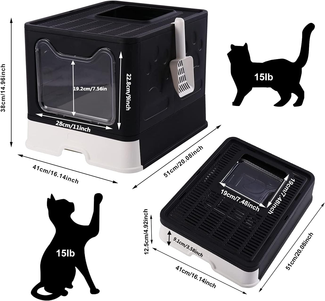 GENENIC Foldable Large Cat Litter Box with Lid, Top Entry , Anti-Splashing Kitty Litter Box with Litter Scoop(Black)