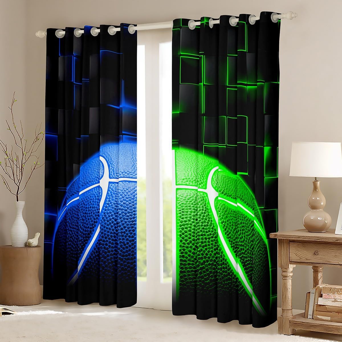 jejeloiu Basketball Curtain Kids Gaming Sports Window Drapes (2 Panels, 52 x 84 Inch) Ball Games Green and Blue Blackout Shades Window Treatments for Room Decor Geometric