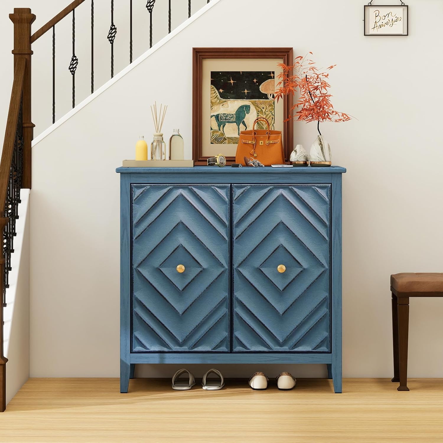 Blue Textured Accent Cabinet with 2 Embossed Pattern Doors, 31.5" Sideboard Buffet Cabinet with Storage, Distressed Credenza Console Table for Entryway, Living Room, Dining Room, Set of 2