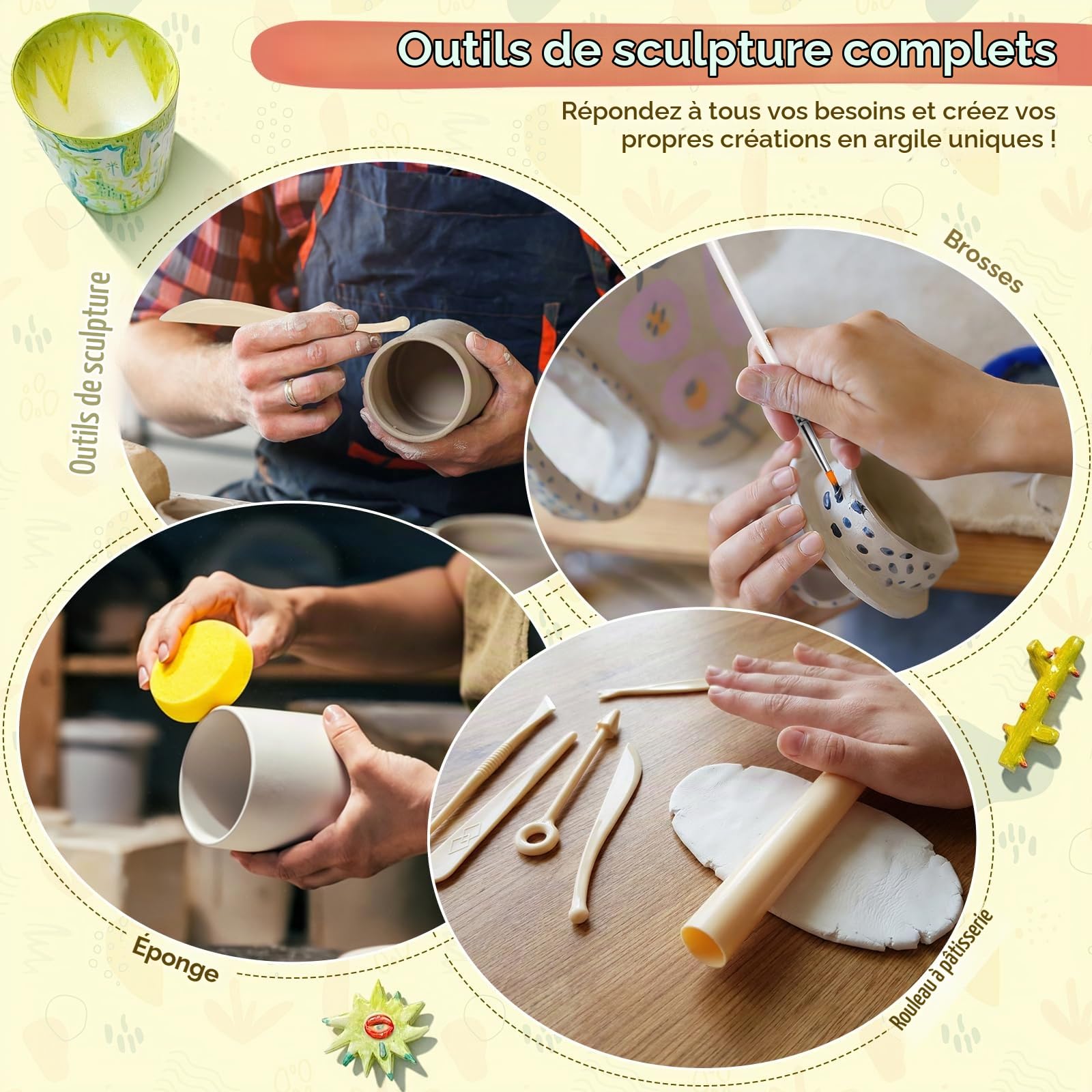 Kit Poterie 36pcs, Kit Argile Autodurcissante Prête à l'emploi, avec 2 kg d'argile, Outils, Peintures, Pinceaux, Enduit d'Étanchéité, ne brûle Pas, pour Les Projets Créatifs et Le Bricolage