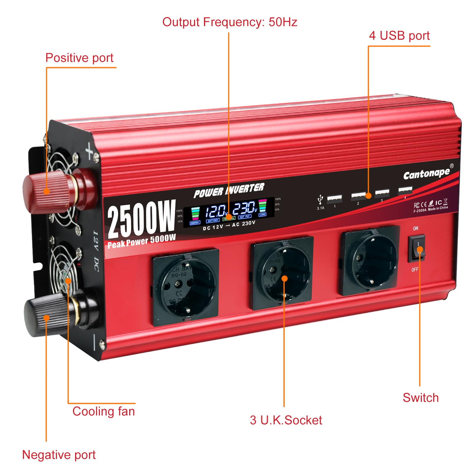 Cantonape 2500W Power Inverter 12V zu 230V DC zu AC mit LCD-Anzeige, Fernbedienung, 3 x AC-Schuko und 4 x 3,1A USB Autoadapter für Auto, LKW, Boot und Wohnmobil
