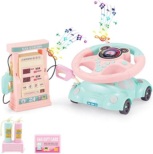 dmsbuy Juguetes musicales para niños pequeños, juguete para bebés de 12, 24 y 36 meses, con volante, auto de dibujos animados y gasolinera,
