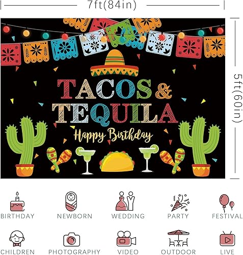 Miniatura 6 de Telón de fondo de fiesta mexicana de feliz cumpleaños, tacos y tequila, luces coloridas, fondo de fondo de cinco de mayo para fotos, fiesta de