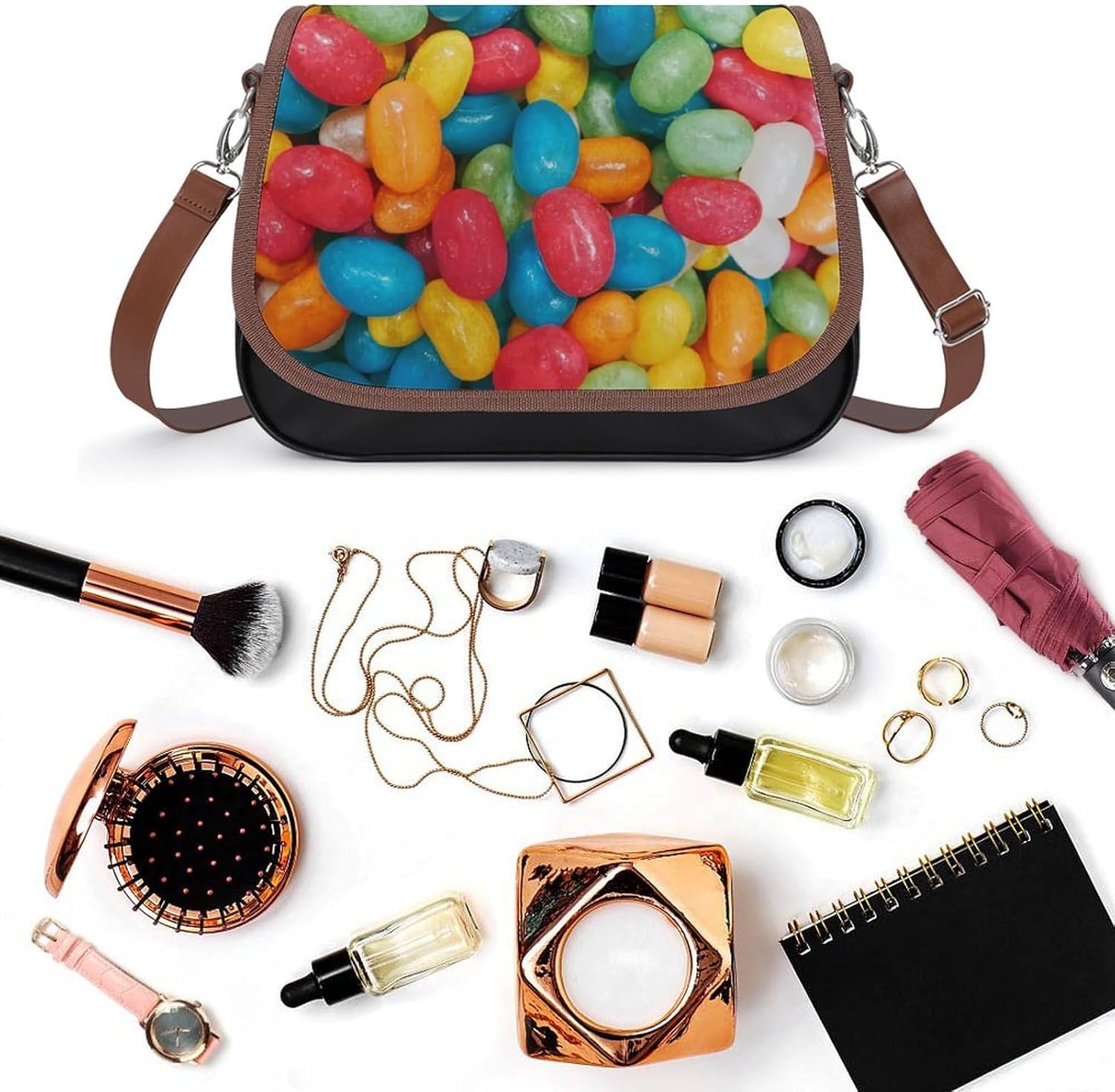Jelly Bean Candies ColorfulWomen's Faux Leather Crossbody Bag, Waterproof Wrinkle-Resistant Shoulder Bag with Detachable Strap, Large Capacity Casual Handbag, Fashion Daily Purse for Shopping Work Dat