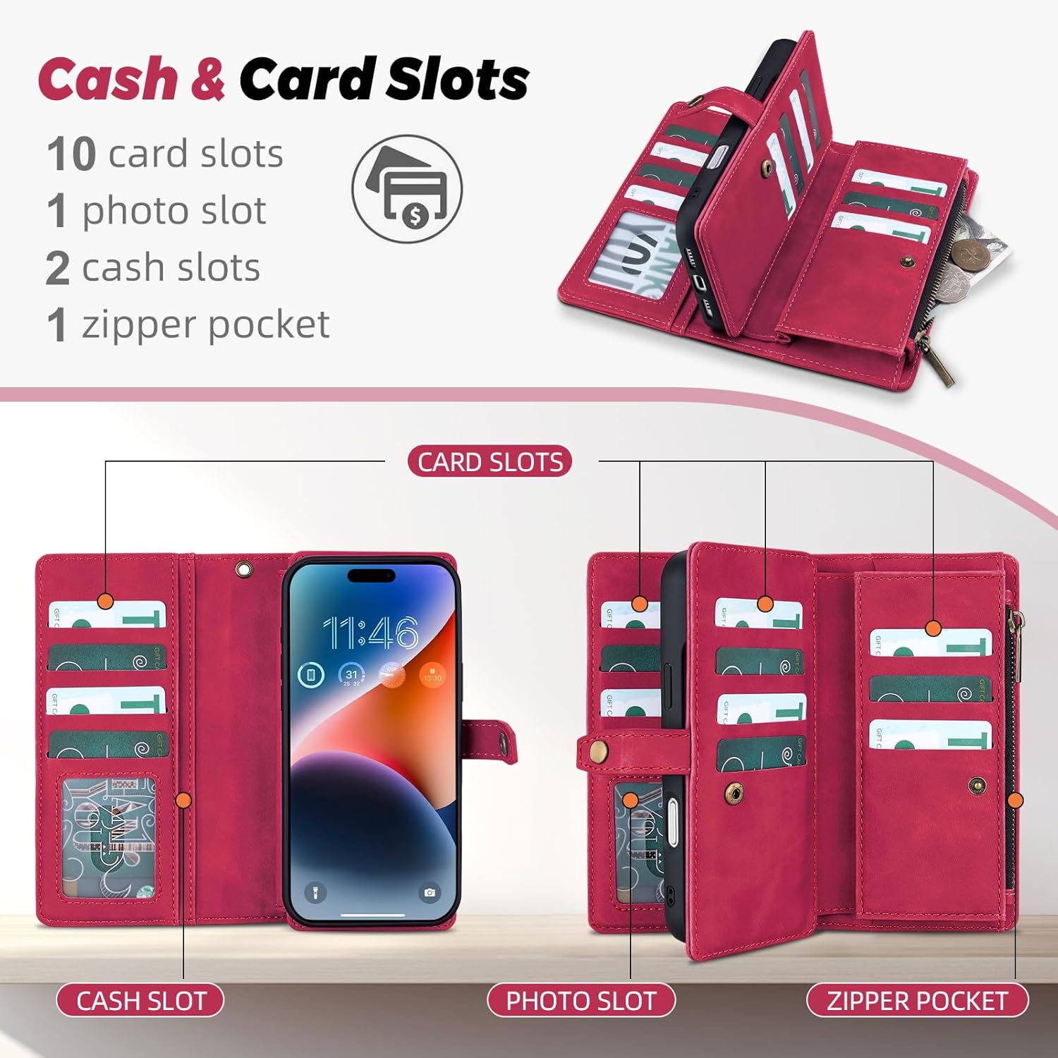 TwoHead Wallet Case Compatible with iPhone 17,Detachable,Magnetic,11 Cards Holder,PU Leather All-Round Protective Phone Case with Change Pocket(6.3 in,Wine Red)