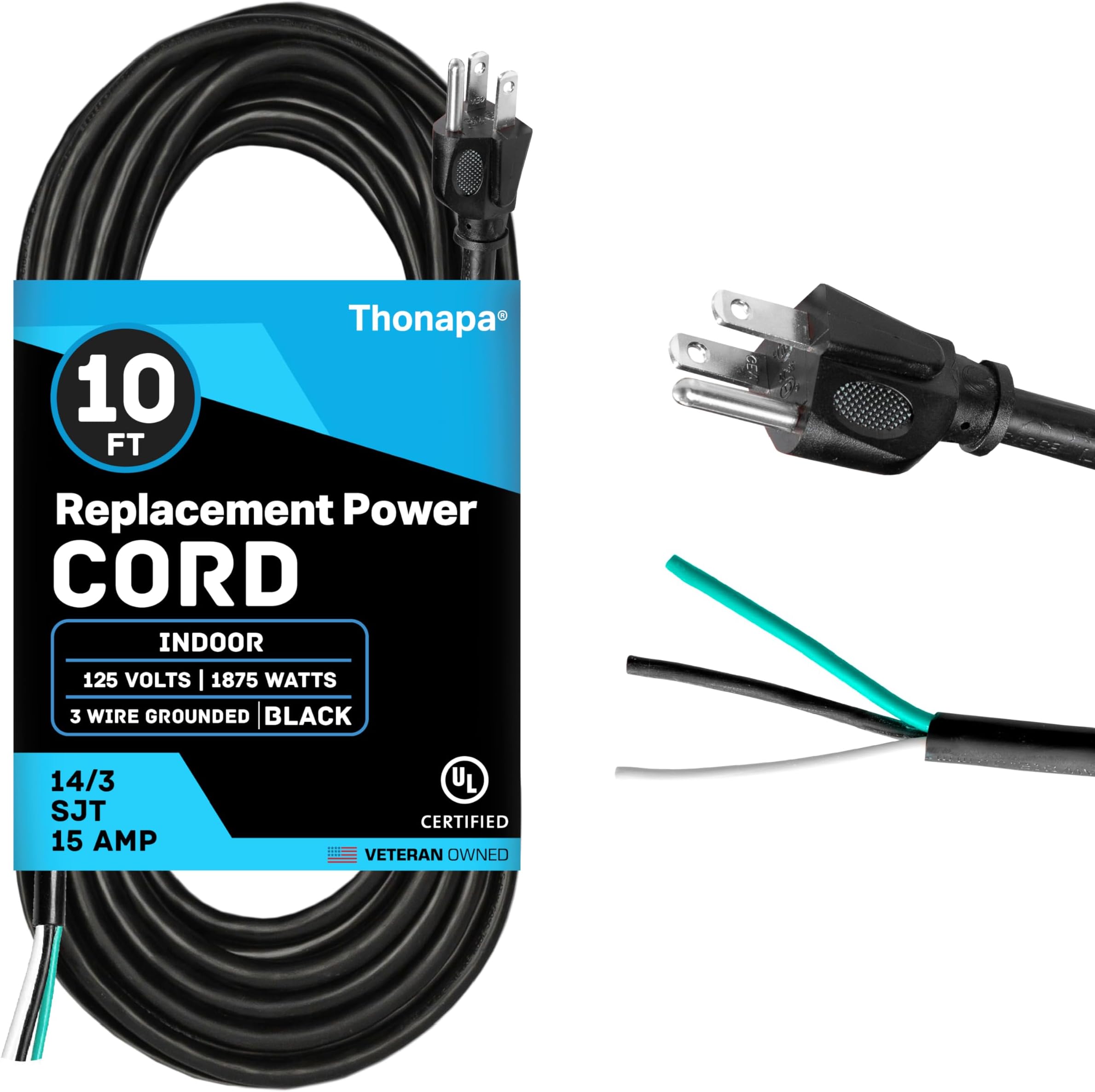 Thonapa 12 Gauge Replacement Power Cord with Open End 10 ft, 90 Degree Slim Flat