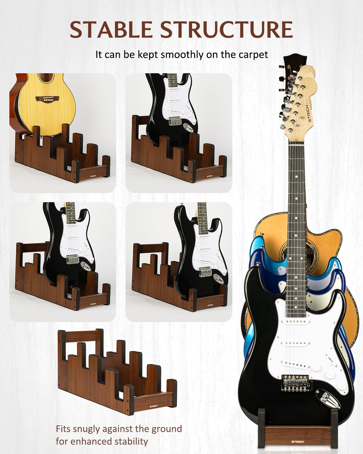 STRICH Support De Guitare En Bois Pour Plusieurs Guitares, Couleur Noyer, L-3E1AW (Pour 3 Guitares Électriques + 1 Guitare Acoustique)