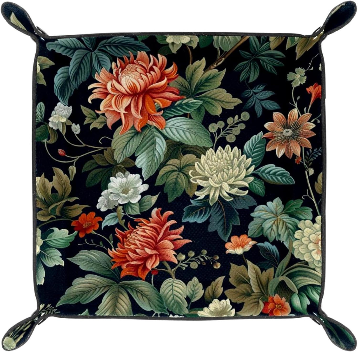Vintage Green Flower Bush Microfiber Leather Dice Trays Folding for RPG DND Table Games, Leather Dice Holder Storage Box Portable Folding Rolling Dice Tray, 20.5x20.5cm