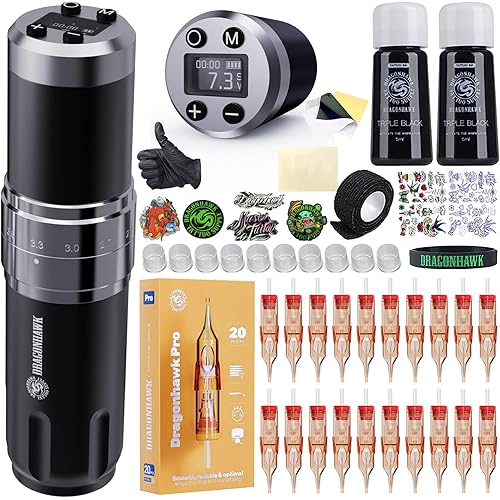Dragonhawk Wireless Tattoo Gun Kit, Rotary Tattoo Machine Pen with 2 Batteries Power Supply, 20 Count Extra Smooth Needles Cartridges, Adjustable 7 Strokes Length for Beginners