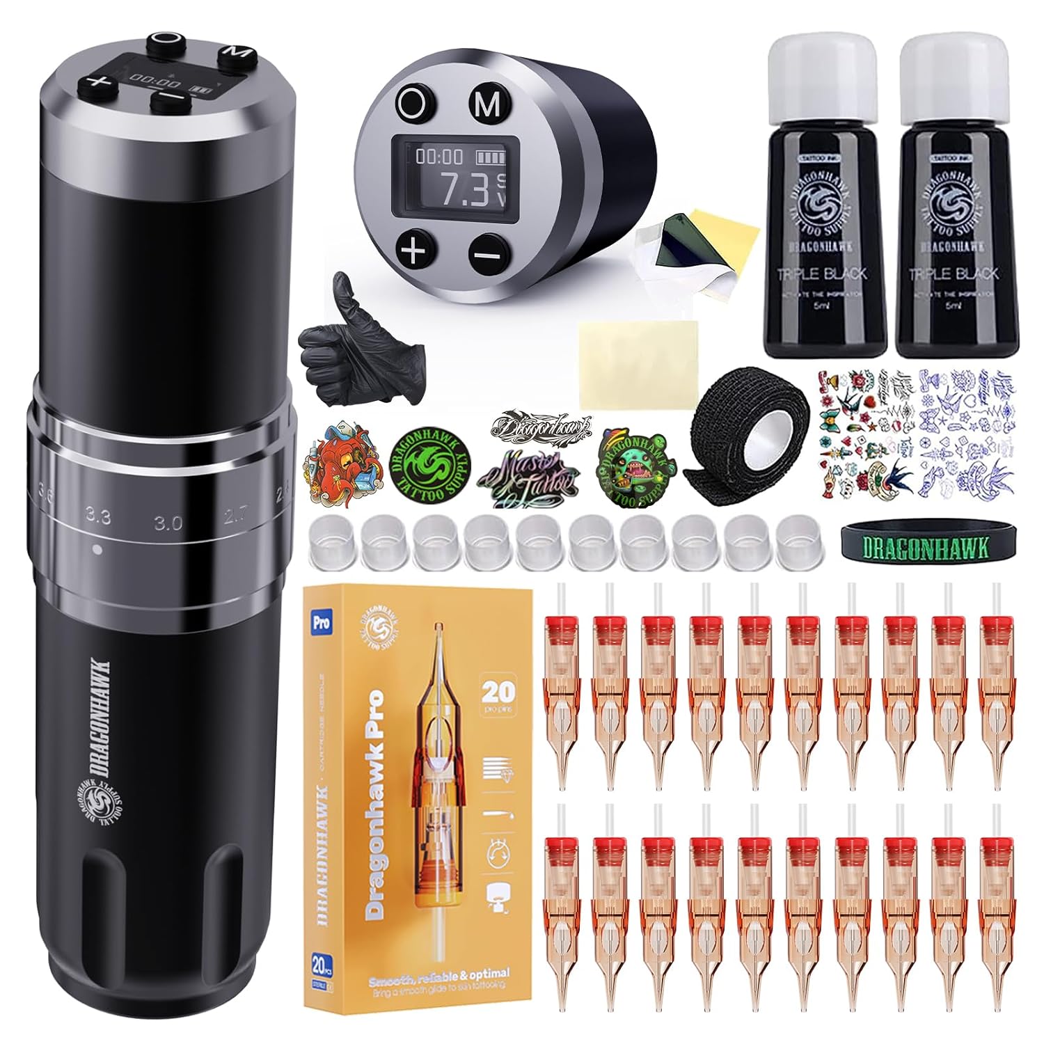 Dragonhawk wireless tattoo gun kit with 2 batteries and 20 cartridge needles