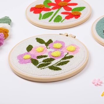 Harimau 3 Pack Punch Needle Embroidery Starter Kits for Beginner, Punch Needle Fabric with Pattern,Threader, Yarns,Pinch Needle and Embroidery Hoops for Rug-Punch