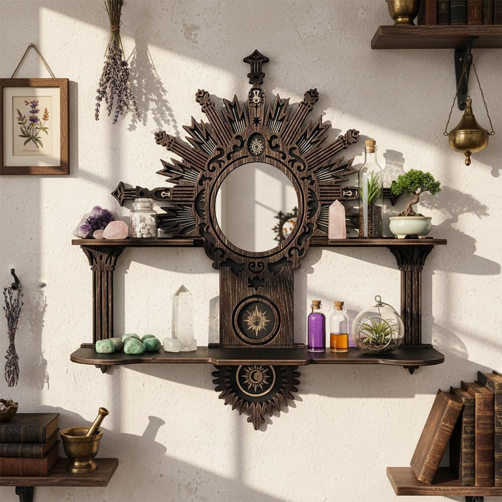 Witchy Trinket Shelf with Mirror, Gothic Wooden Floating Shelves for Essential Oils & Boho Altar Decor, Crystal Display Shelf for Home Bedroom Living Room, Unique Gifts for Women
