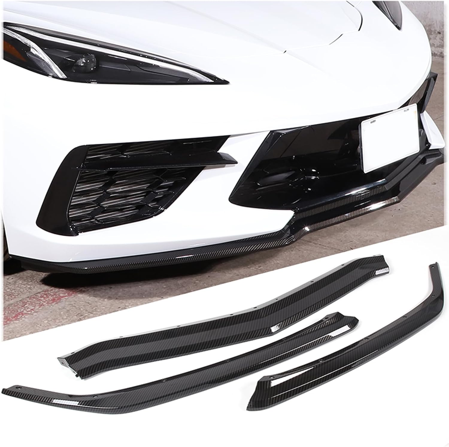Front Bumper Lip Splitter Replacement Kit Compatible with Chevrolet Corvette C8 2020-2026, ABS Front Bumper Lip Chin Spoiler Decoration Accessories 3Pcs (Carbon Fiber Pattern)