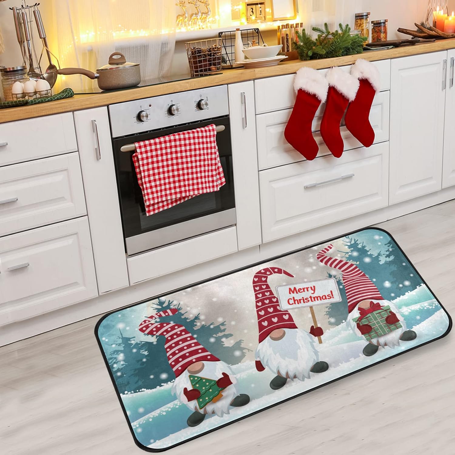 Christmas Kitchen Rugs Gnomes Snowflake Non Slip Soft
