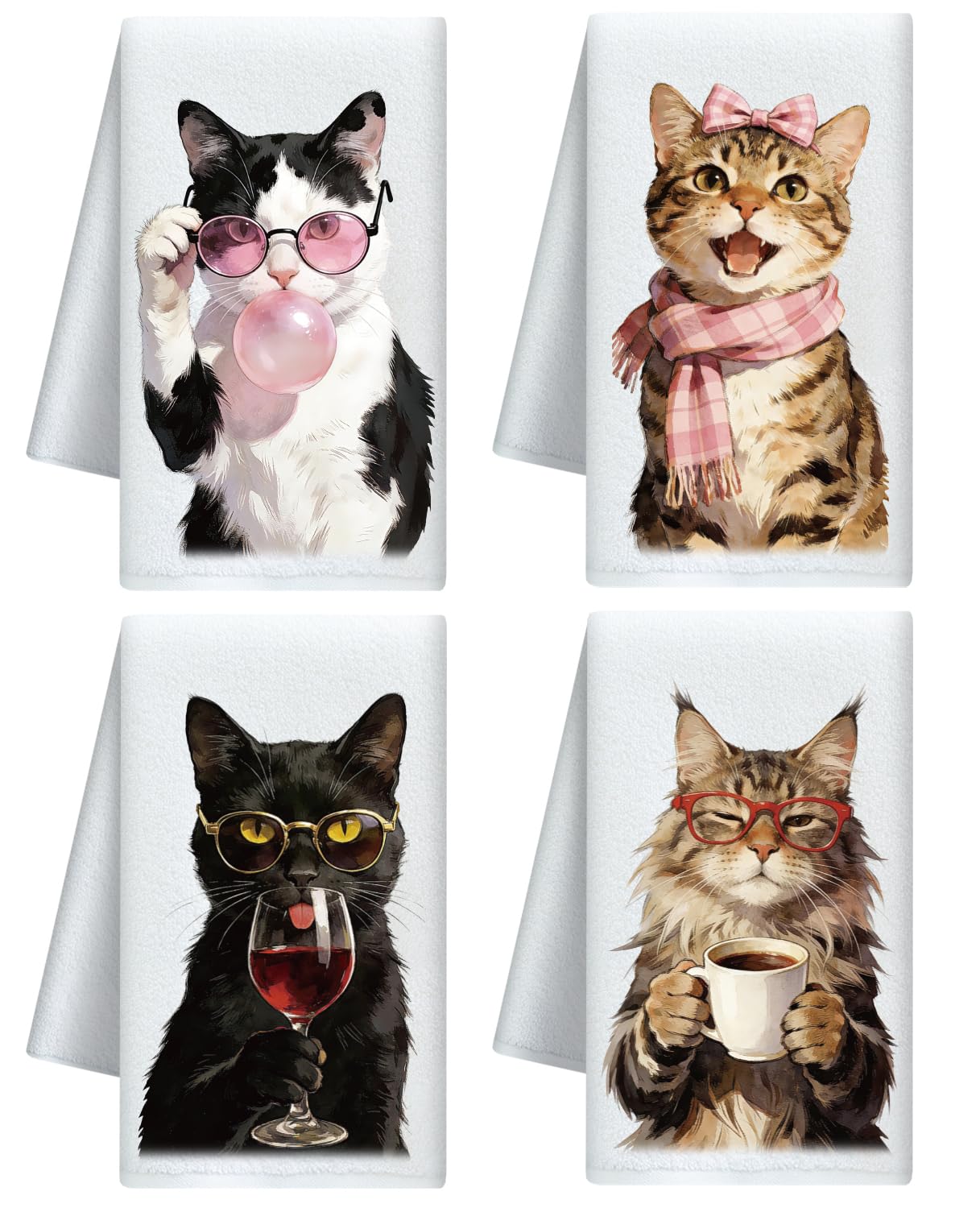 CUTHOLLOW 4Pcs Funny Cats Kitchen Towels Cute Tea Towels — image 1