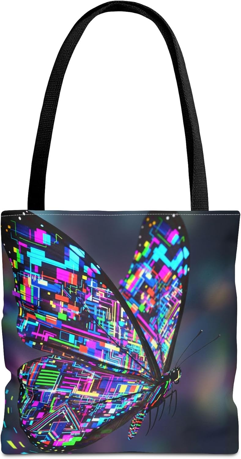 Premium Tote Bag with Reinforced Stitching - A Butterfly with Neon Glitch Art Patterns
