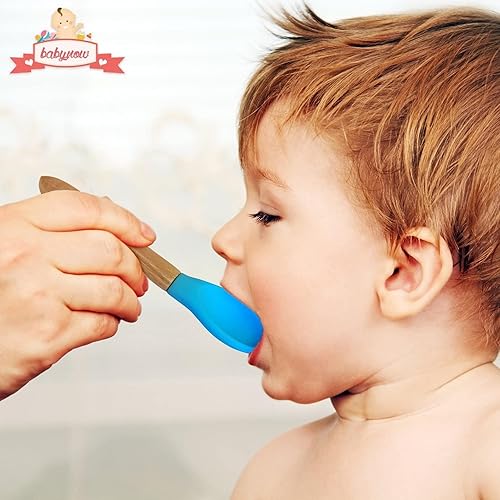Miniatura 5 de Cucharas de bambú para bebés de 5.5 pulgadas con punta de silicona sin BPA, cucharas de comida para niños pequeños, color amarillo, paquete de 2