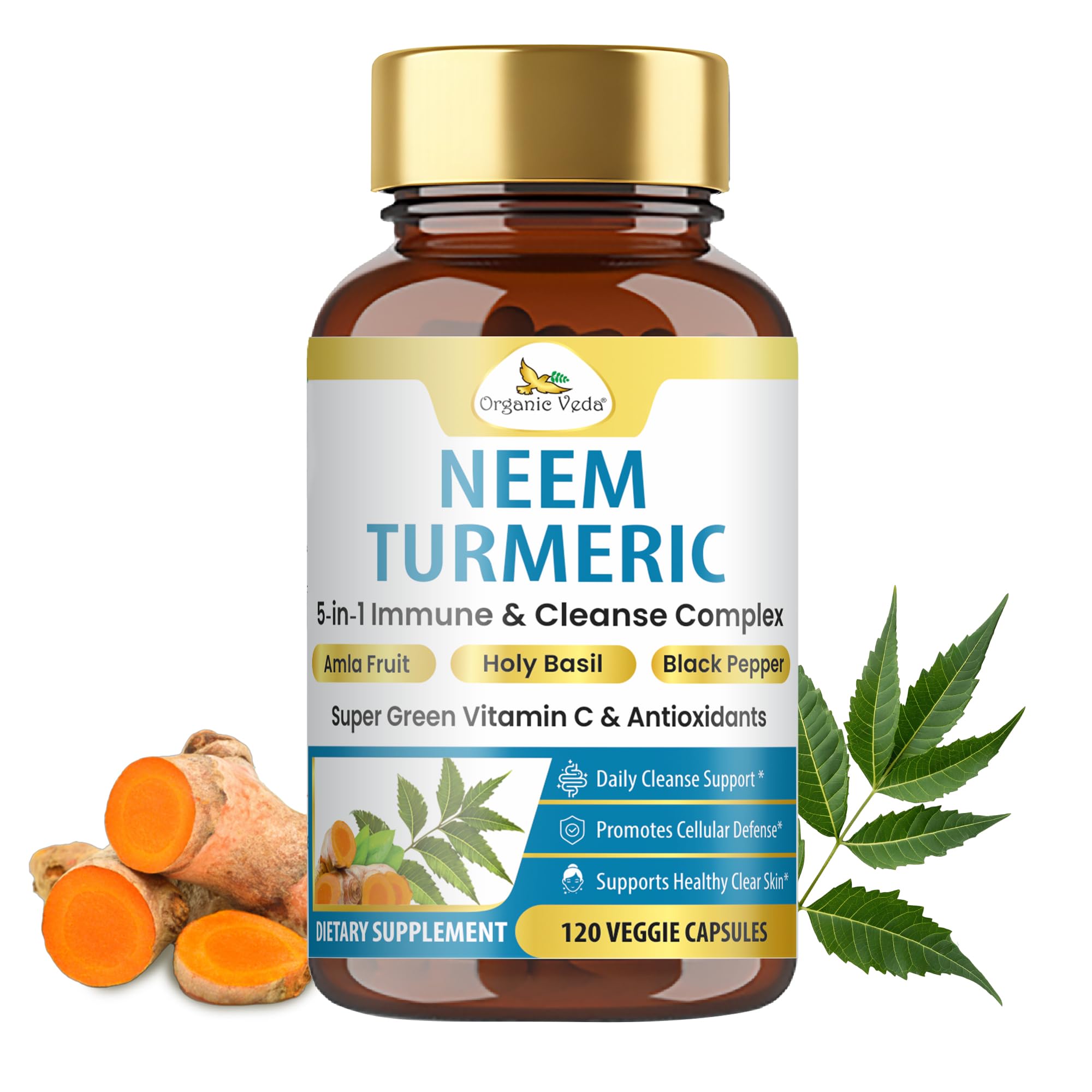 Neem & Turmeric Capsules with Amla Fruit, Tulsi, Holy Basil, Black Pepper Extract - Immune Support Dietary Supplement - Boosts Healthy Clear Skin & Cellular Defense - 120 Vegan Capsules