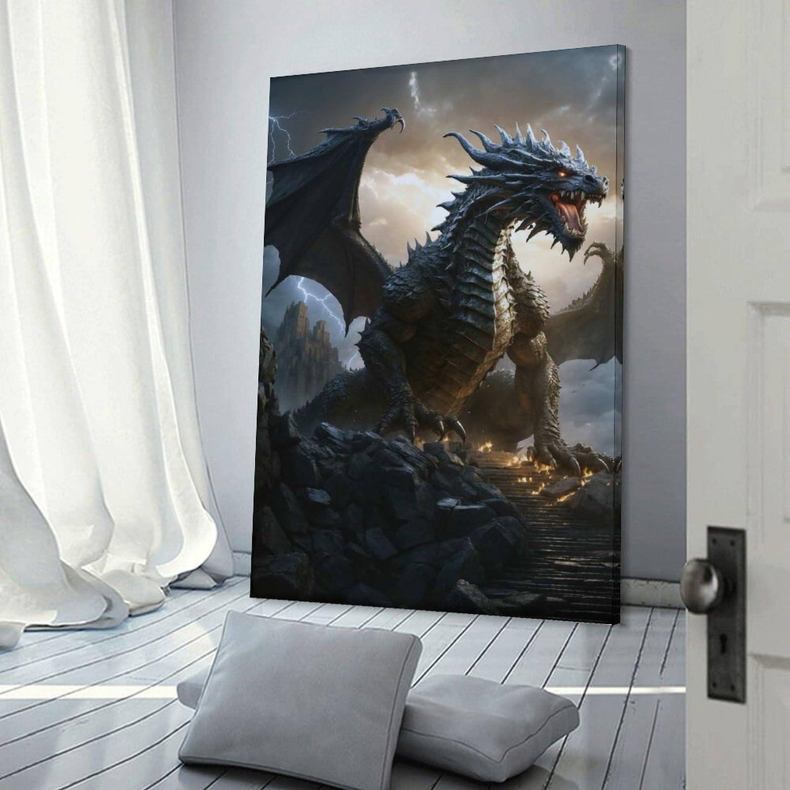 Junmoney Majestic Dragon on Stone Steps Canvas Wall Decor, 16x24inch(40x60cm), for Gallery Wall Decor And Room Displays, Wall Decor Suited to Curated Displays