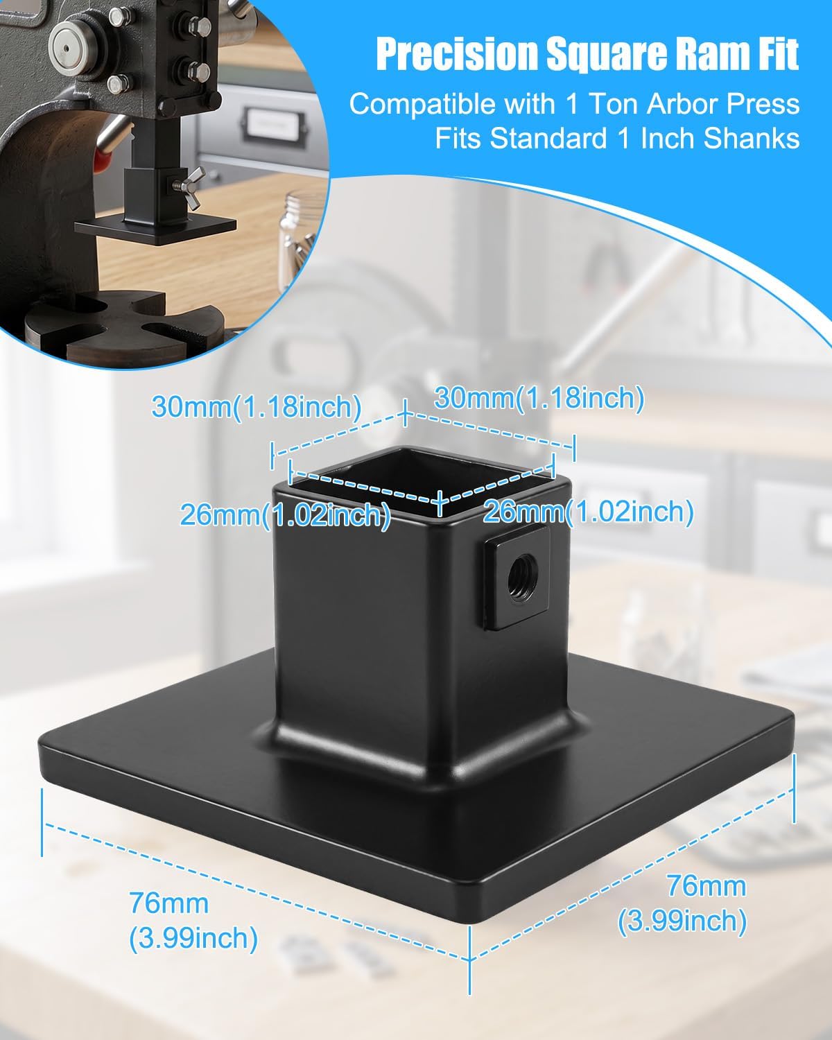 Hand Press Accessory Attachment Foot Compatible with Arbor Press, Metal Platen Stamping Press, with Thumb Screw for Square Ram, Wide Stable Platform Leather Stamping Cutting Tool