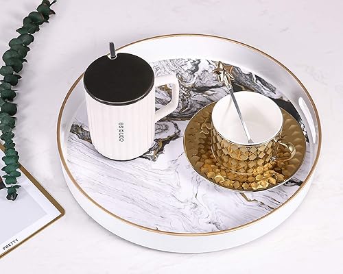 Miniatura 3 de Zosenley Bandeja decorativa redonda, bandeja de plástico de mármol con asas, bandeja de tocador moderna y bandeja de servir para otomana, mesa de