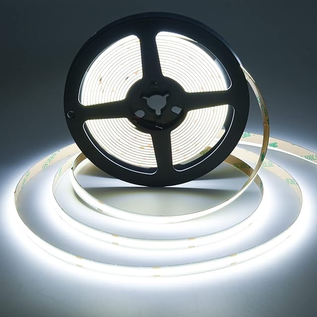 12V COB LED Strip Lights 5M Daylight White , CRI 90+High Lumen COB LED Tape Lights 6000K Flexible Ribbon LED Strip ,480LEDs/M for Cabinet, Kitchen, Lighting Project &More ( Power Supply Not Included)