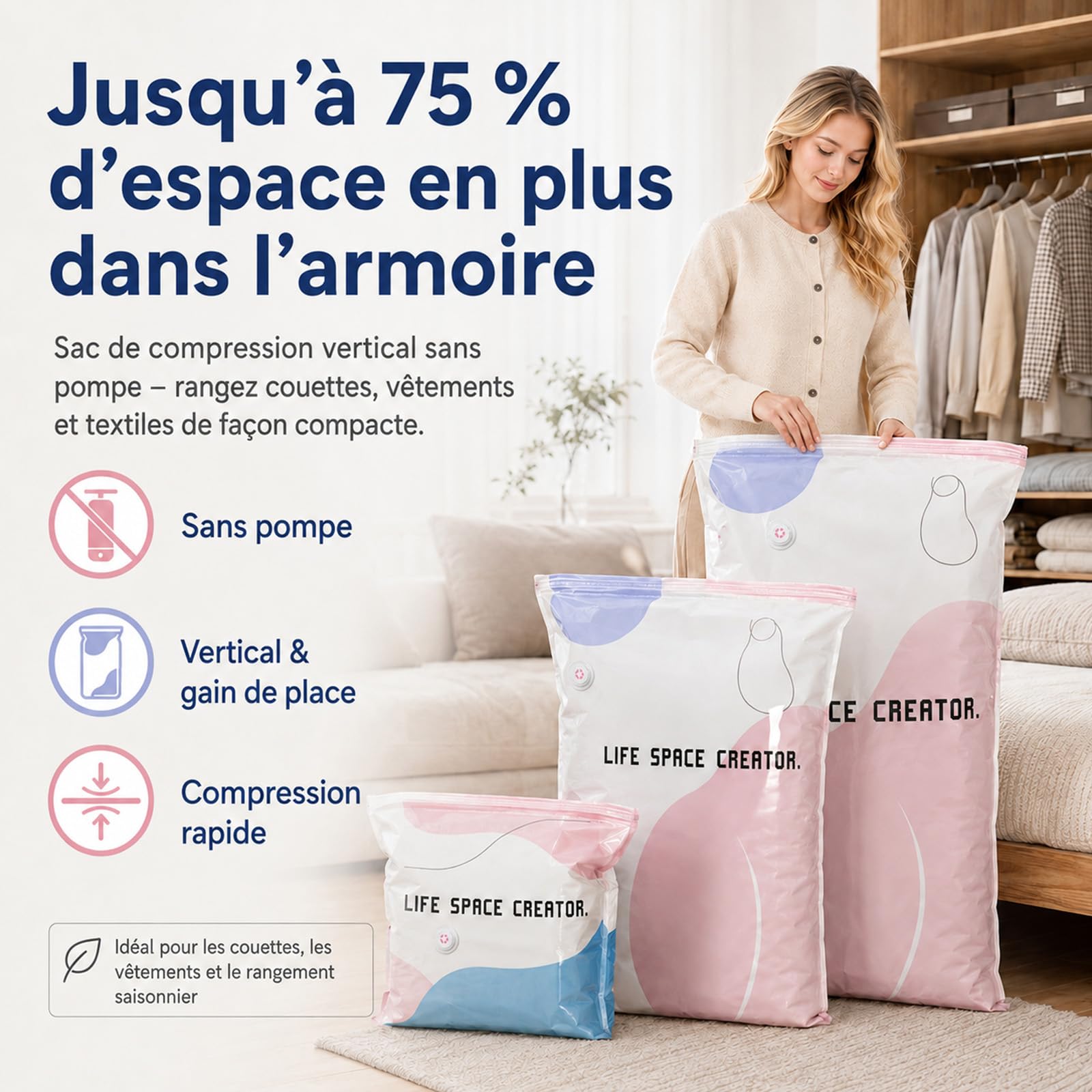 Life Space Creator Vacuum Storage Bags Without Pump,100 * 80 * 30cm (8) | Design 3D autoportante per un utilizzo semplice con una sola mano, chiusura ermetica ideale per vestiti, coperte e viaggi.