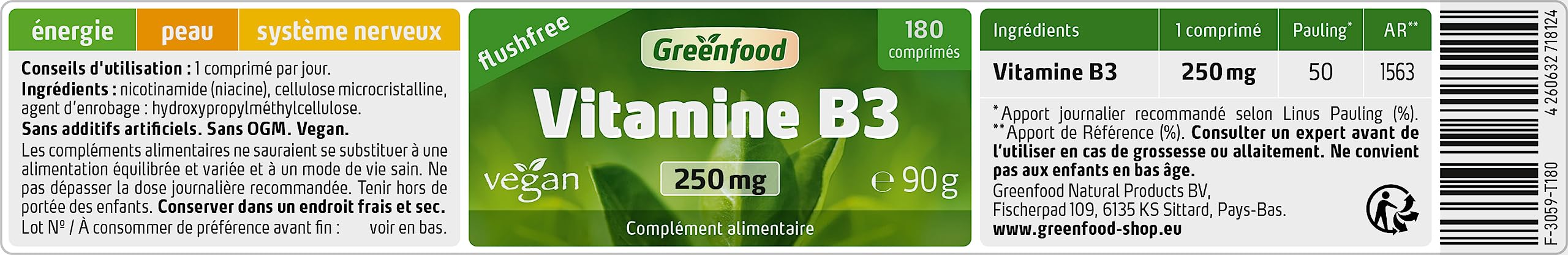 Greenfood Vitamine B3, flushfree, 250 mg, dose élevée, 180 comprimés, vegan - pour le fonctionnement normal du système nerveux SANS additifs artificiels. Sans organisme génétiquement modifié.