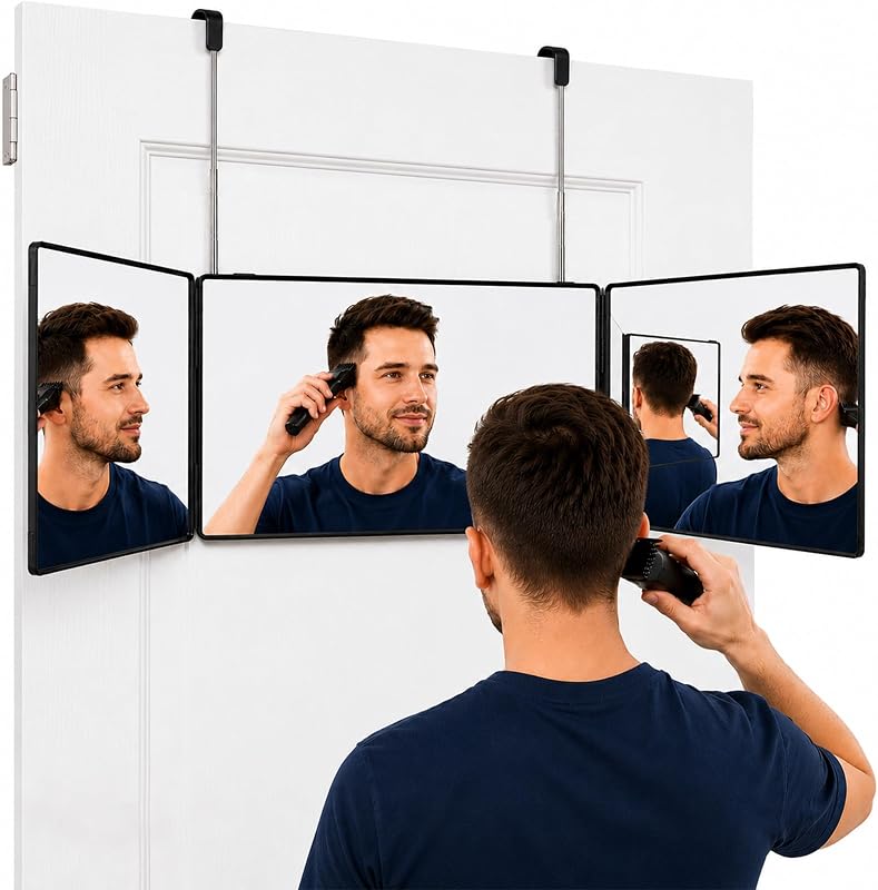 Espelho triplo LAITEMEN para cuidados e corte de cabelo, ajustável, preto, sem LED