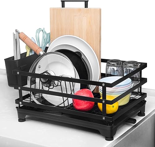 Escurridor de platos con escurridor de altura ajustable, escurridor de platos de acero inoxidable con soporte extraíble para utensilios, ahorra