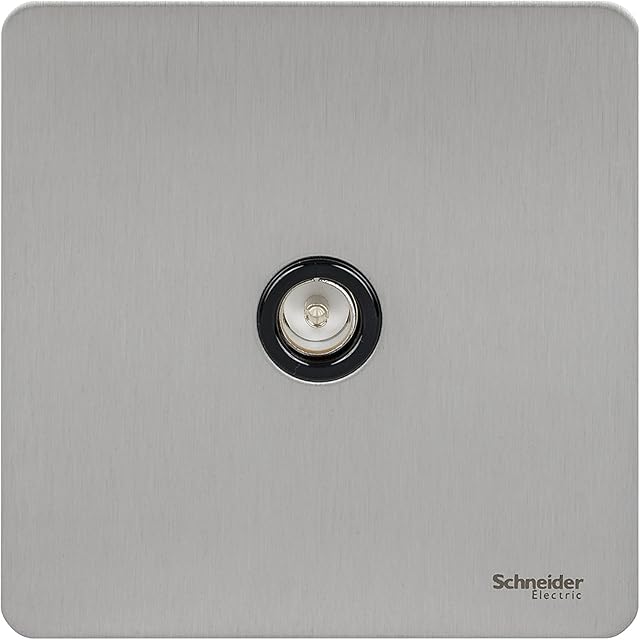 Schneider Electric Ultimate Screwless Flat Plate - Single TV/FM Aerial Socket, GU7410BSS, Stainless Steel with Black Insert