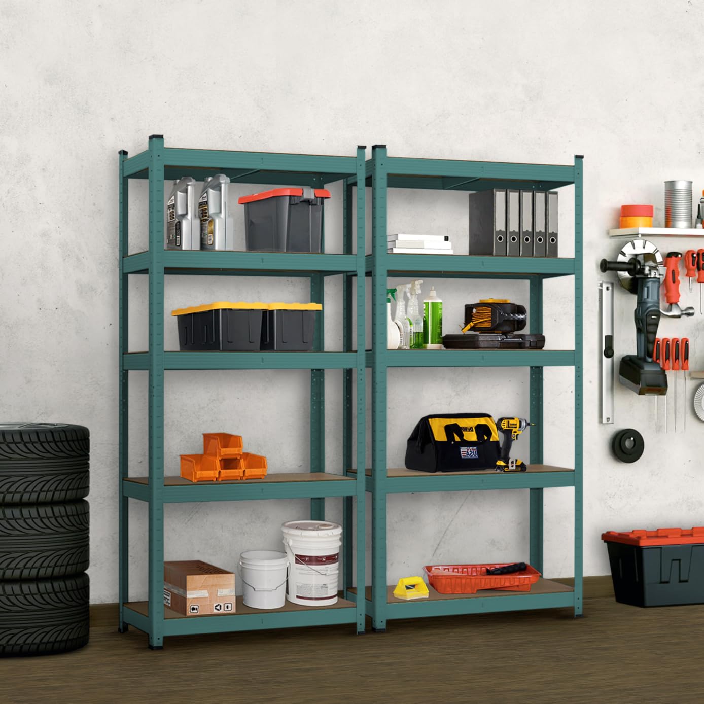 Brigros - Set Scaffali In Metallo 150x75x30cm Portata Totale 875 Kg, 5 Ripiani MDF, Carico Per Ripiano 175 Kg Scaffale Salvaspazio Per Garage, Officina, Cantina, Magazzino (Verde)