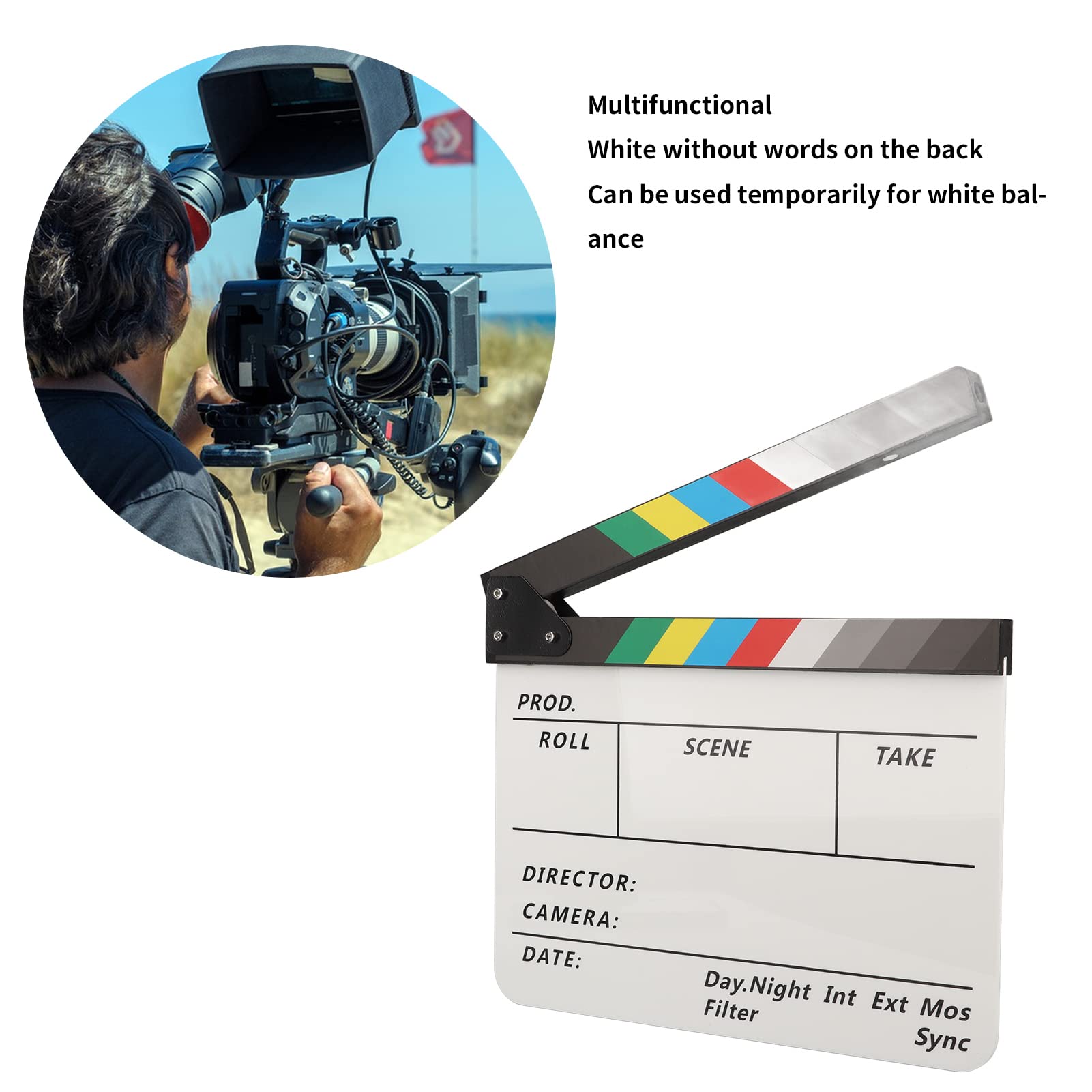 Rekwizyty Filmowe Clapboard, Clapboard Filmowy Wyraźny Dźwięk Kolorowy Przenośny, Akrylowy Dyrektor Filmowy Clapper Board z gumką do Rysowania Seriali Telewizyjnych