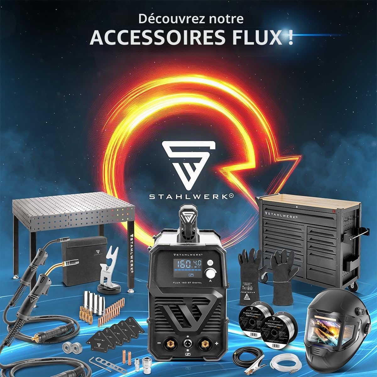 STAHLWERK Set de 3 fils fourrés FLUX - E71T-GS 0,9 mm, bobine de fil de 1 kg D100, bobine de fil pour mandrin de 16 mm, fil de soudage premium, matériau d'apport, fil de soudage universel