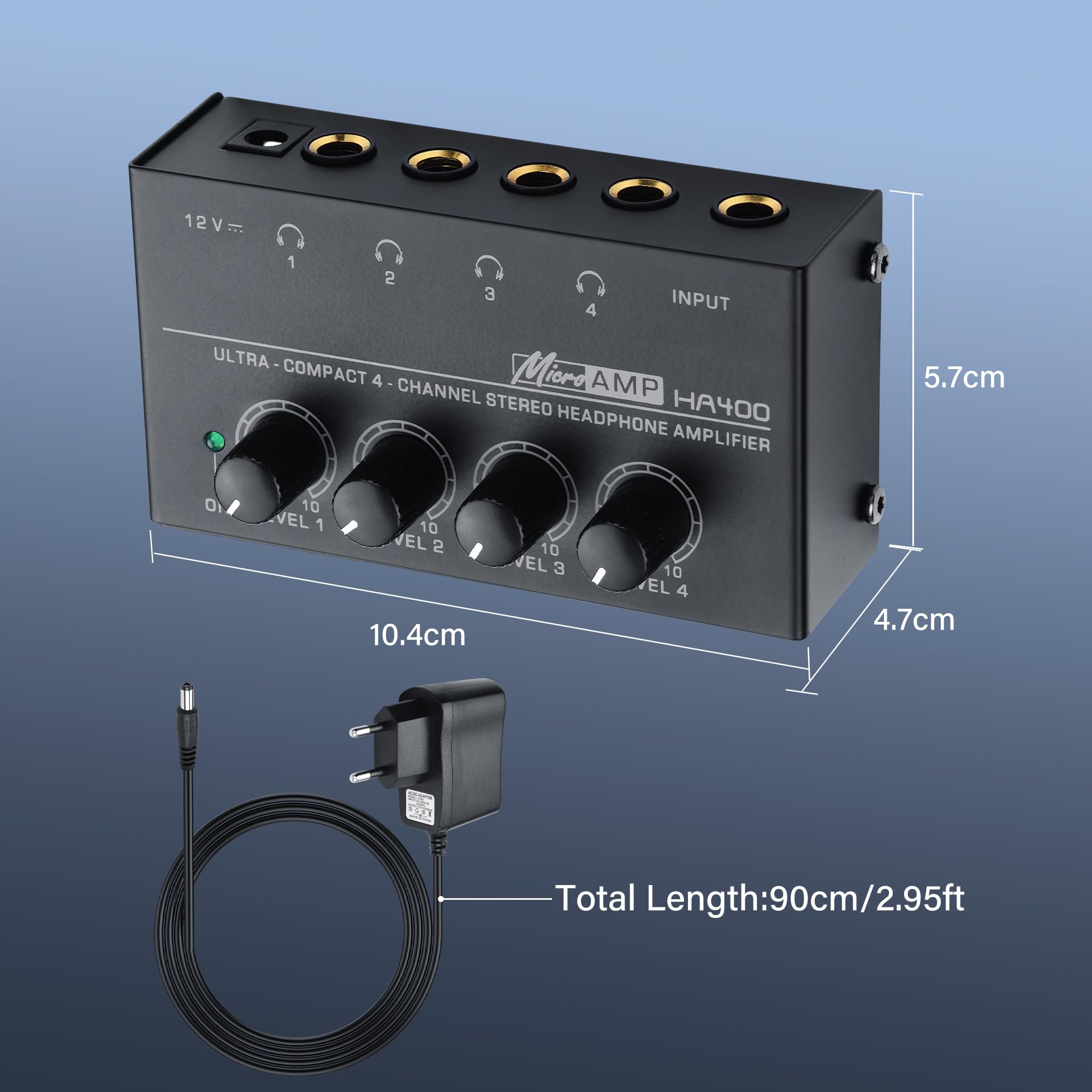 SinLoon HA400 4 canaux amplificateur de Casque stéréo, métal Mini Splitter Audio avec contrôle de Volume indépendant, 1/4 "Sortie et entrée TRS, avec Adaptateur 12V pour Studio, scène, PC, Guitare
