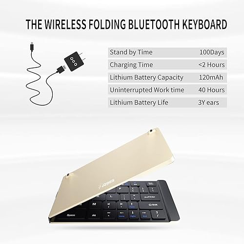 Miniatura 3 de Geyes Teclado plegable portátil, teclado Bluetooth plegable inalámbrico con soporte, tamaño de bolsillo, teclado plegable de aleación de aluminio