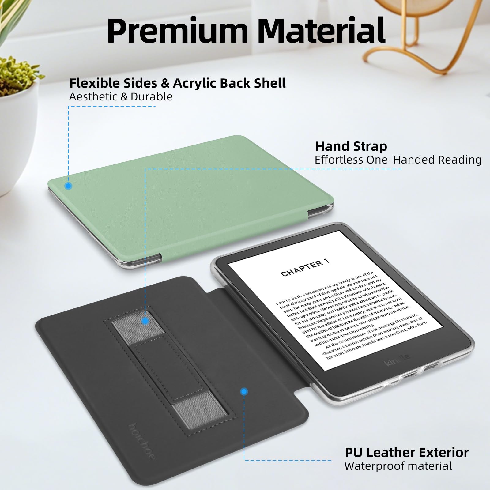 Custodia con cinturino da polso per Kindle Paperwhite da 6 pollici (10a generazione-2018, modello n. PQ94WIF), custodia in pelle PU Lihght e retro rigido trasparente, con funzione sleep/wake